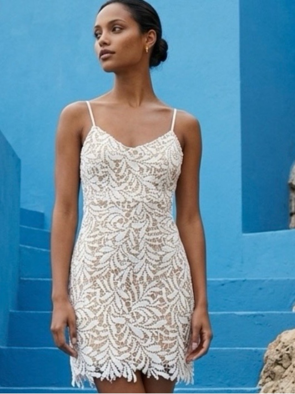 Goldie White Lace Overlay Mini Dress Spaghetti Strap Party Coquettegirl Dress-XS